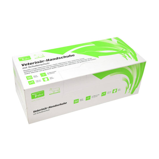 A box of veterinary gloves with shoulder protection from Teqler.