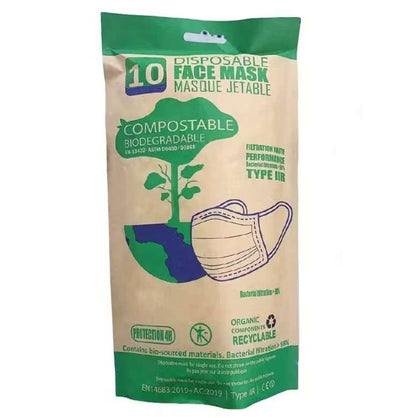 Packaging of 10 compostable face masks with a graphic showing the mask and text highlighting compostability and eco-friendliness.