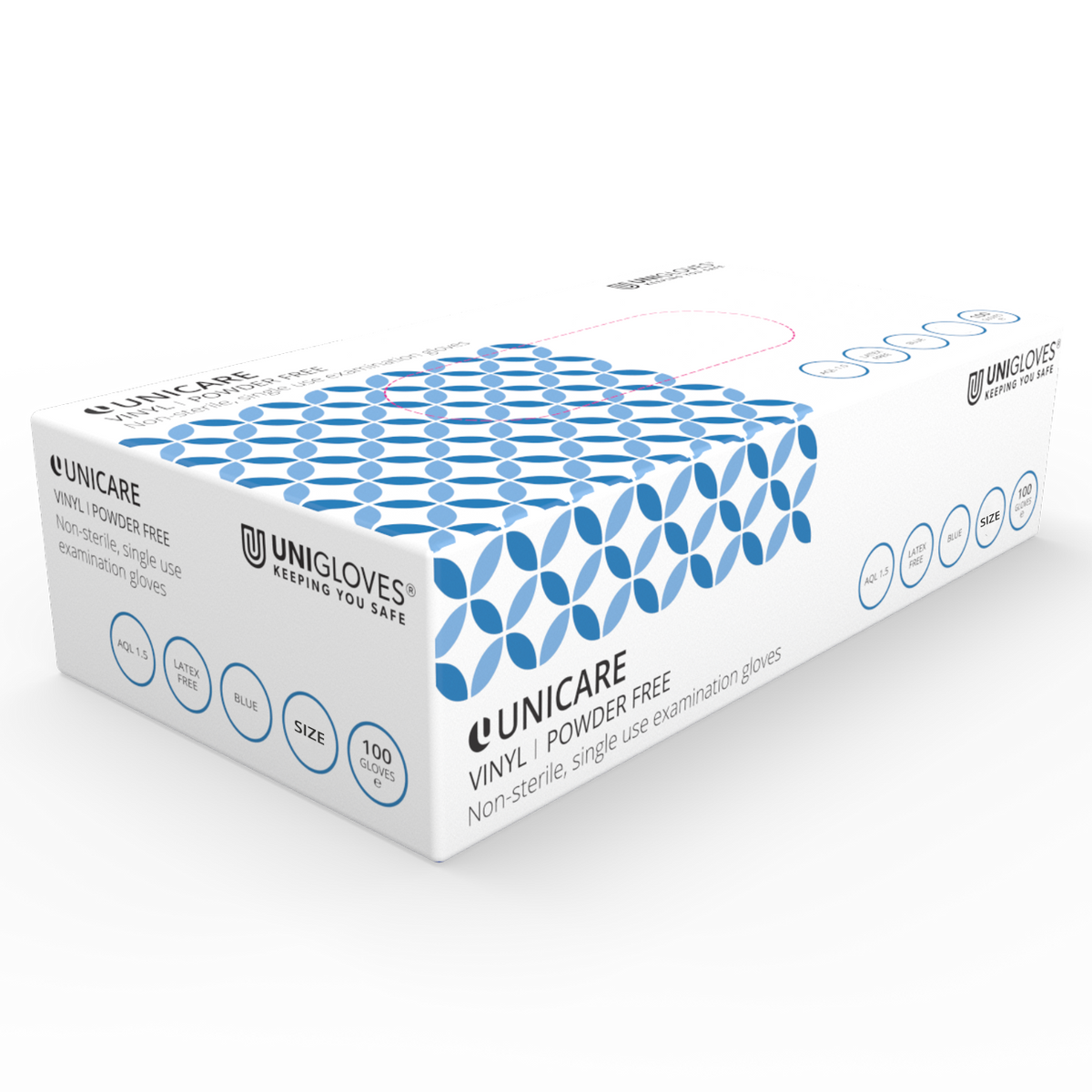 Unicare Guantes de examen de vinilo azul EN455 Caja de 100