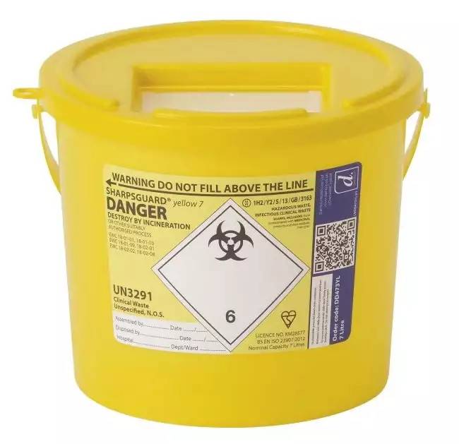 Sharpsguard 7L yellow sharps bin with secure lid and biohazard warning label