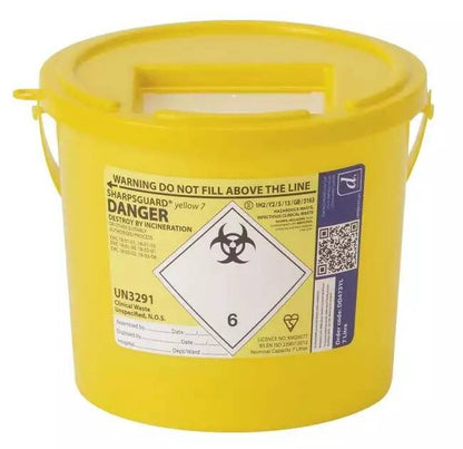 Sharpsguard 7L yellow sharps bin with secure lid and biohazard warning label