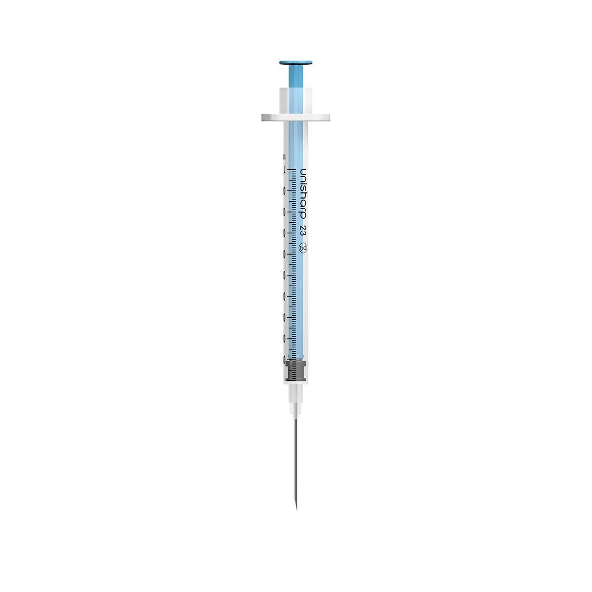 1ml 23G 25mm 1 palcová stříkačka Unisharp s modrou jehlou u100