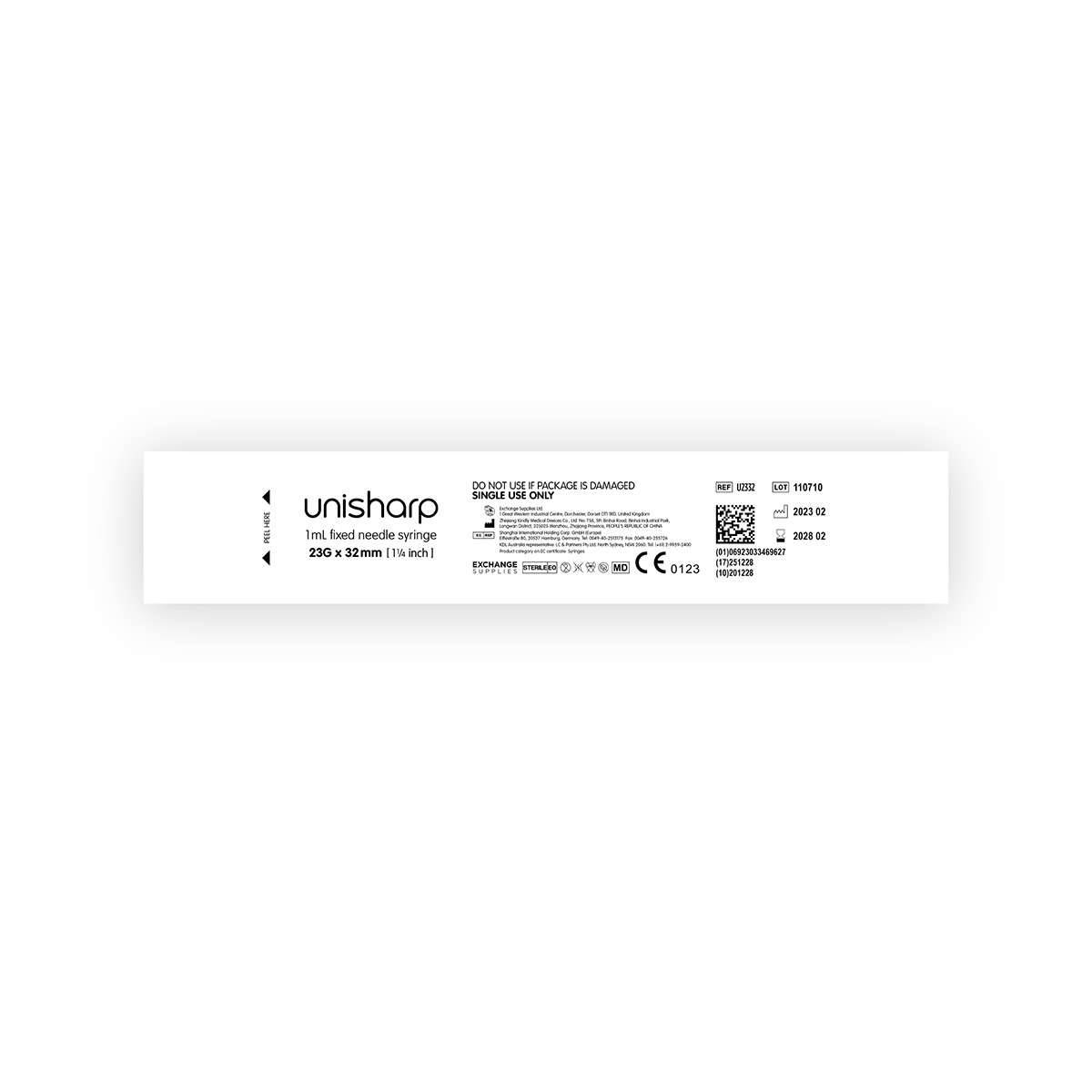 1 ml 23G 32 mm 1,25 inci Seringă și ac Unisharp u100