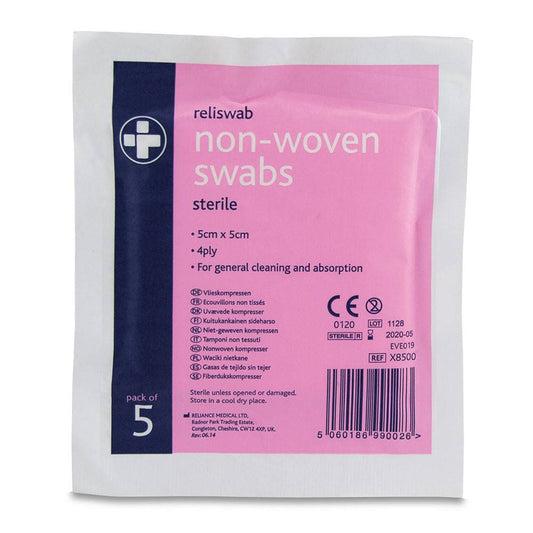 5cm x 5cm Reliswab Swabs Non-Woven Sterile 4ply Pack of 5 - UKMEDI